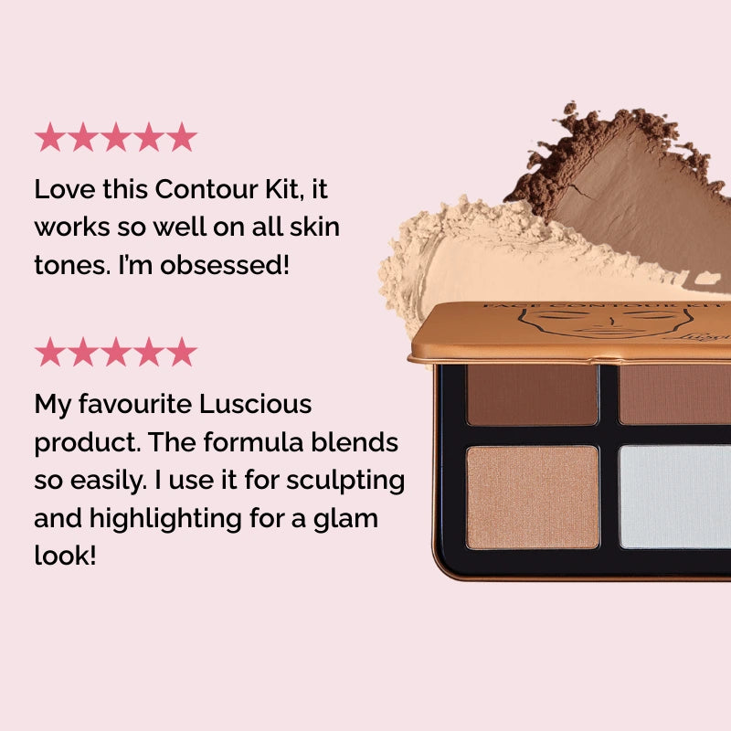 Luscious Cosmetics contour palette featuring four blendable powders for sculpting, contouring, highlighting, and illuminating the face.