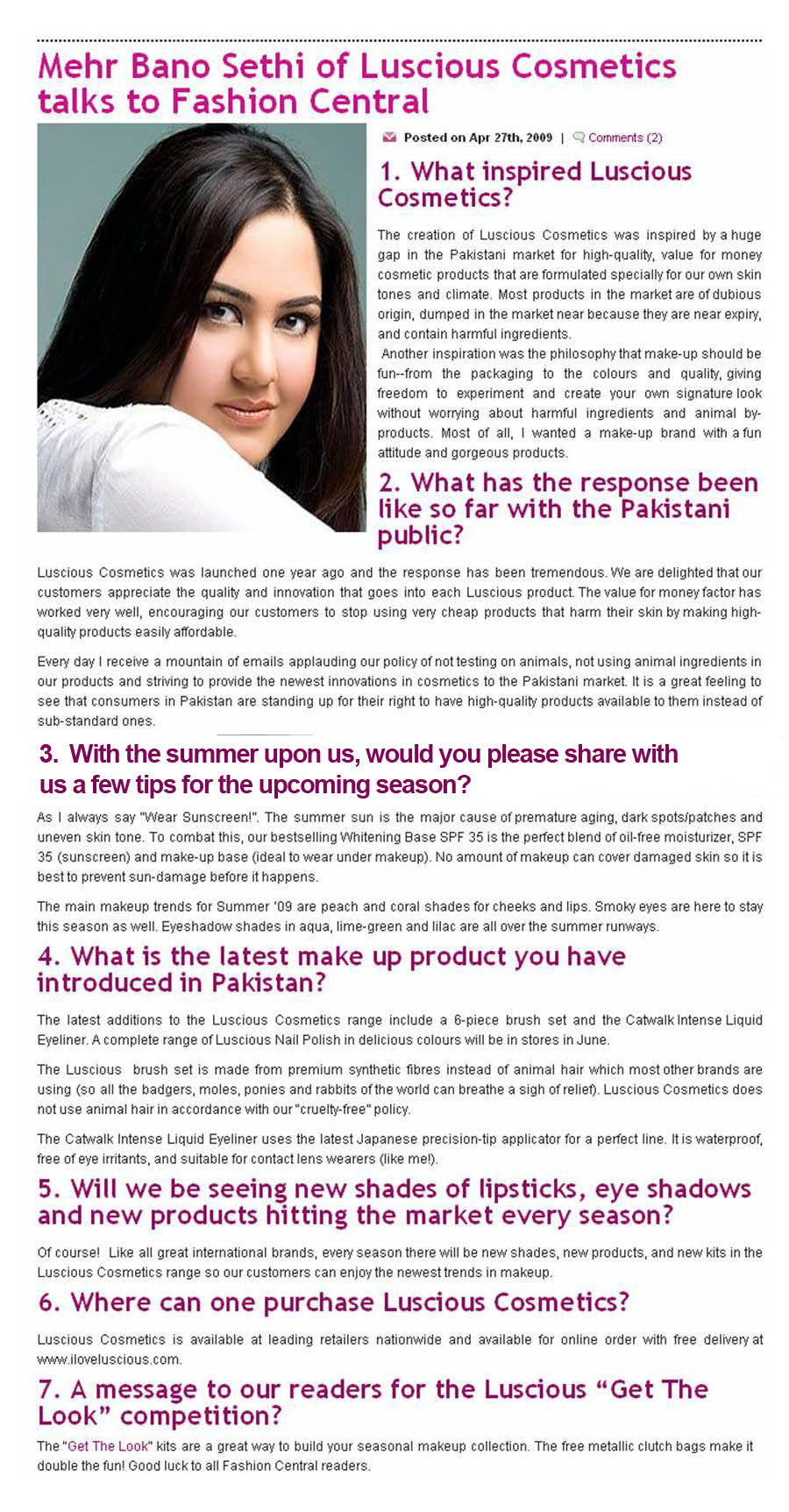 Luscious Cosmetics press clipping from Fashion Central Magazine, 2009.