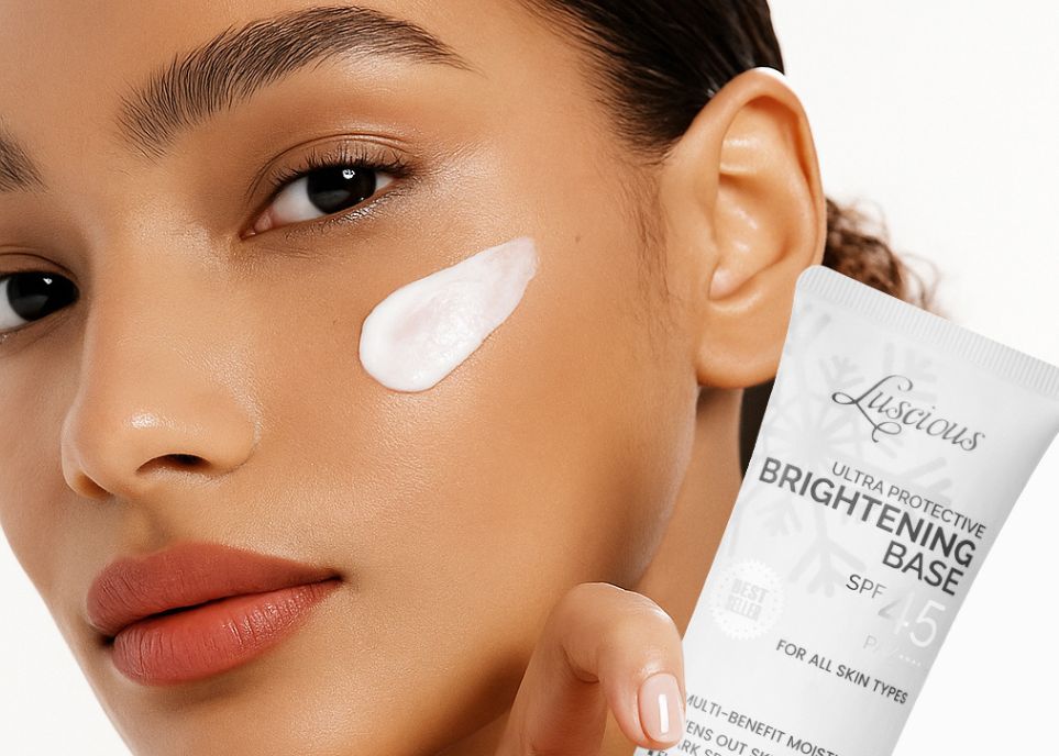Luscious Cosmetics Brightening Base SPF 45 worn as sun protection under makeup