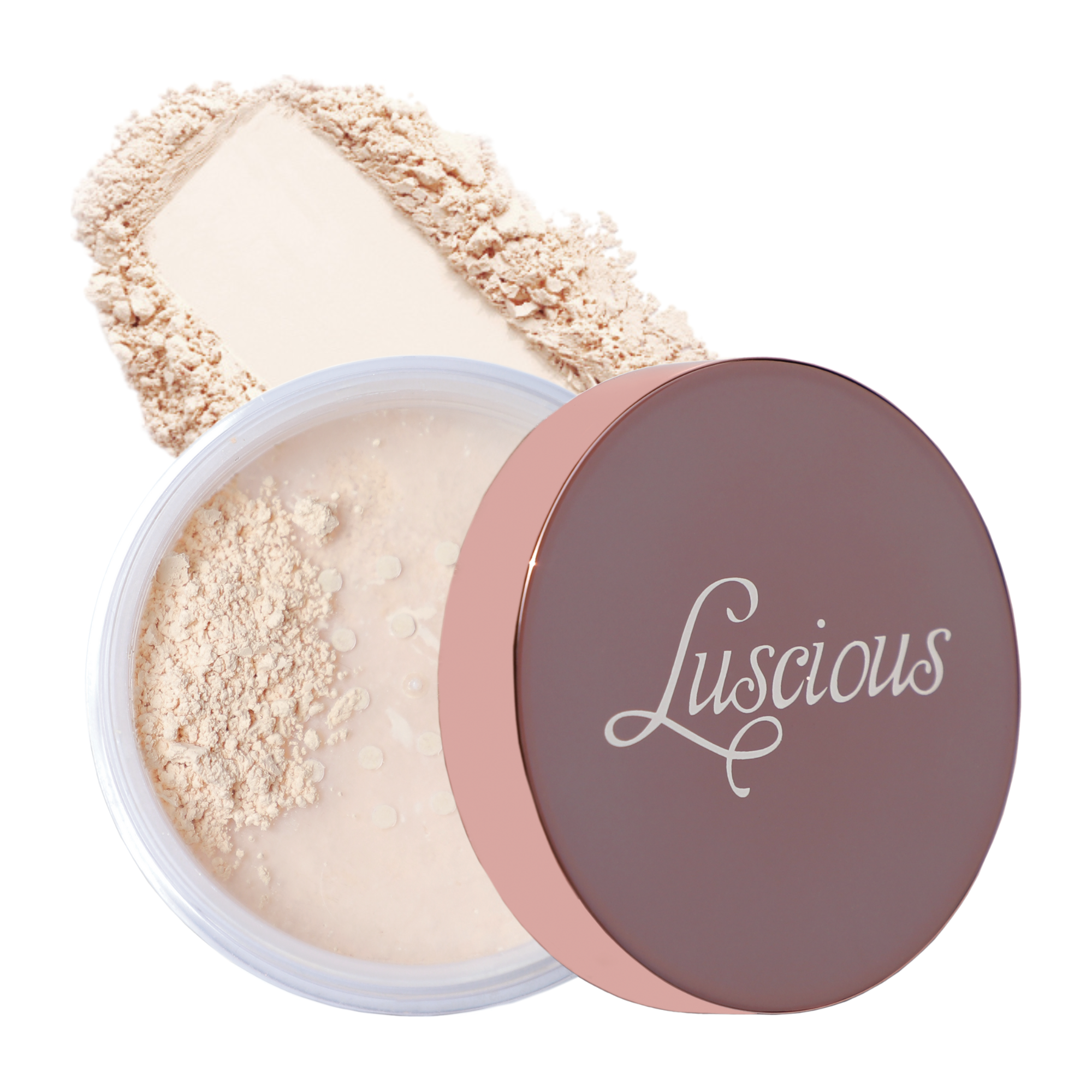 Jar of Luscious Cosmetics Softlight setting powder with beige loose powder visible and the brand name on the lid.