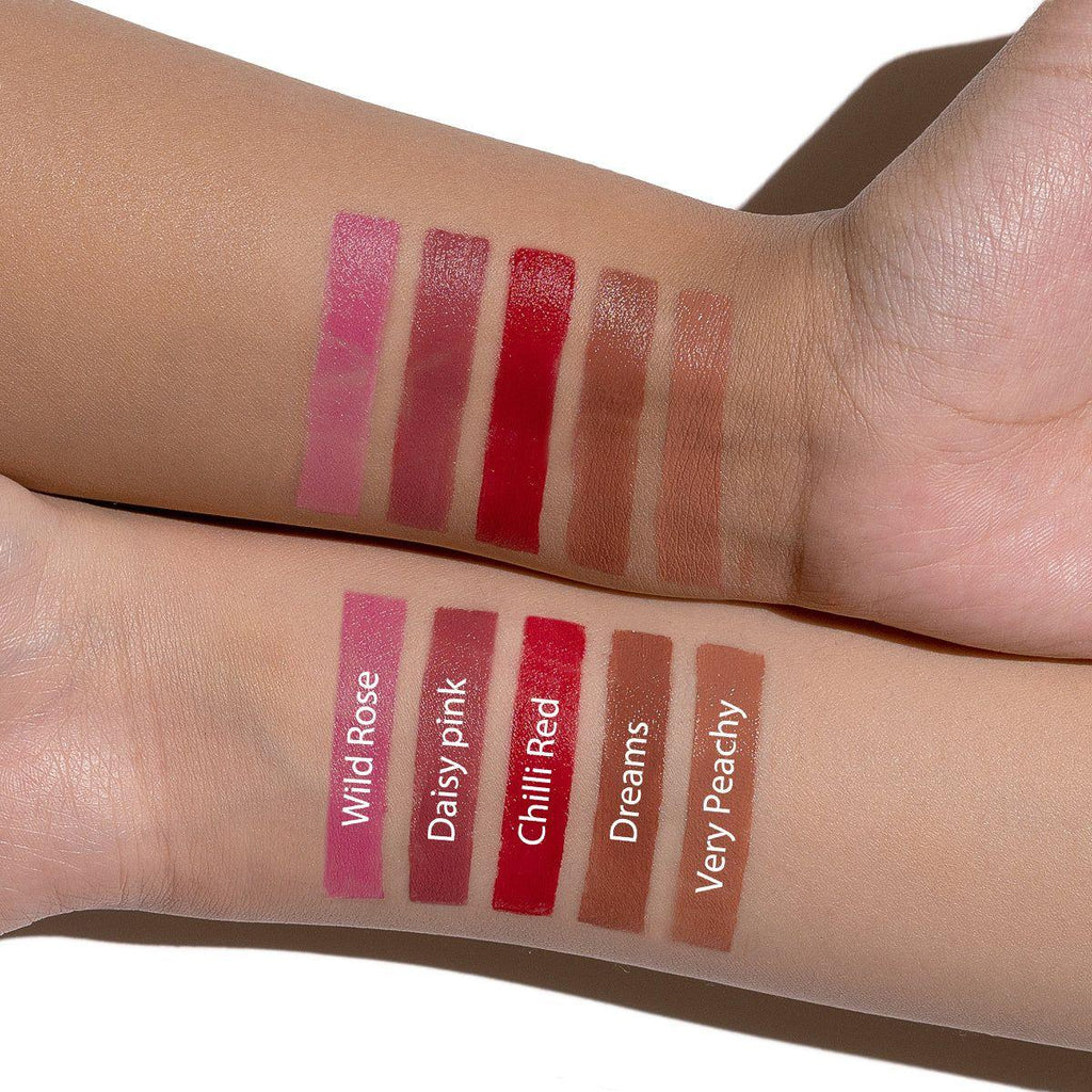 Luscious Cosmetics Hydracolor lipstick in a bright red shade with the cap off, showcasing its creamy, satin-matte texture.