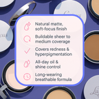 Luscious Cosmetics compact powder foundation with a matte finish displayed on a white background