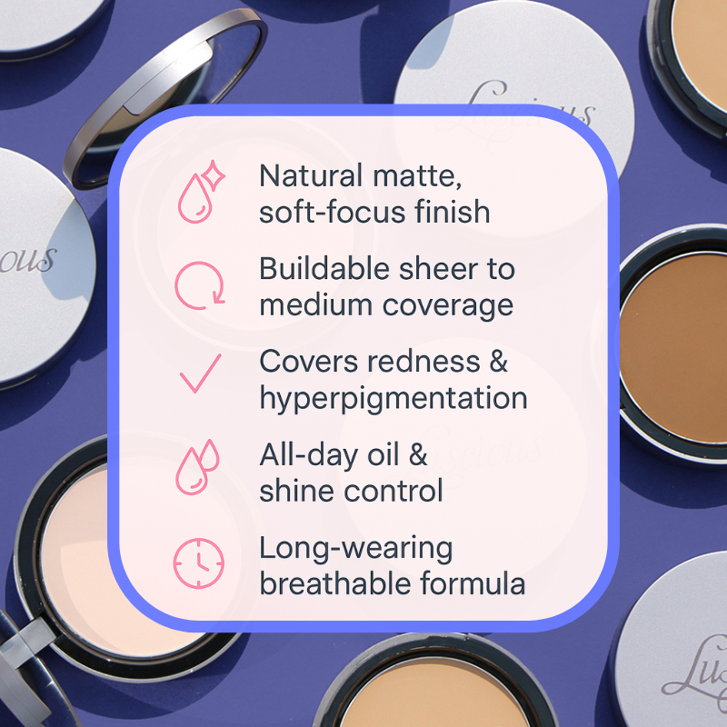 Luscious Cosmetics compact powder foundation with a matte finish displayed on a white background