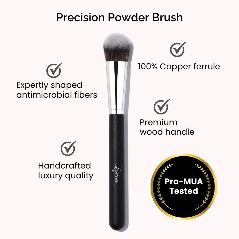 Luscious Cosmetics precision powder brush displayed on a white background with key features highlighted.