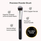 Luscious Cosmetics precision powder brush displayed on a white background with key features highlighted.