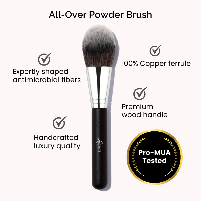 Luscious Cosmetics all-over powder brush displayed on a white background with key features highlighted.
