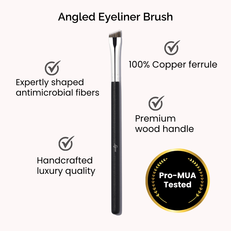 Luscious Cosmetics angled eyeliner brush displayed on a white background with key features highlighted.
