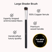 Luscious Cosmetics large shader brush displayed on a white background with key features highlighted.