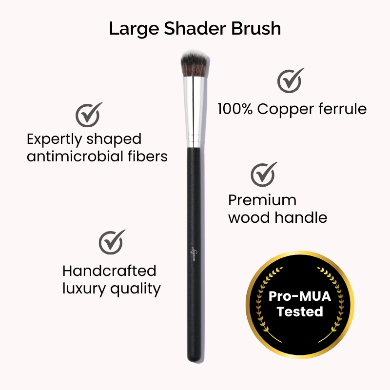 Luscious Cosmetics large shader brush displayed on a white background with key features highlighted.