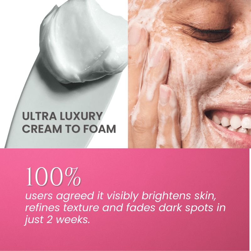 Luscious Cosmetics Ultra Luxury Brightening Cleanser cream-to-foam texture being applied to the face.