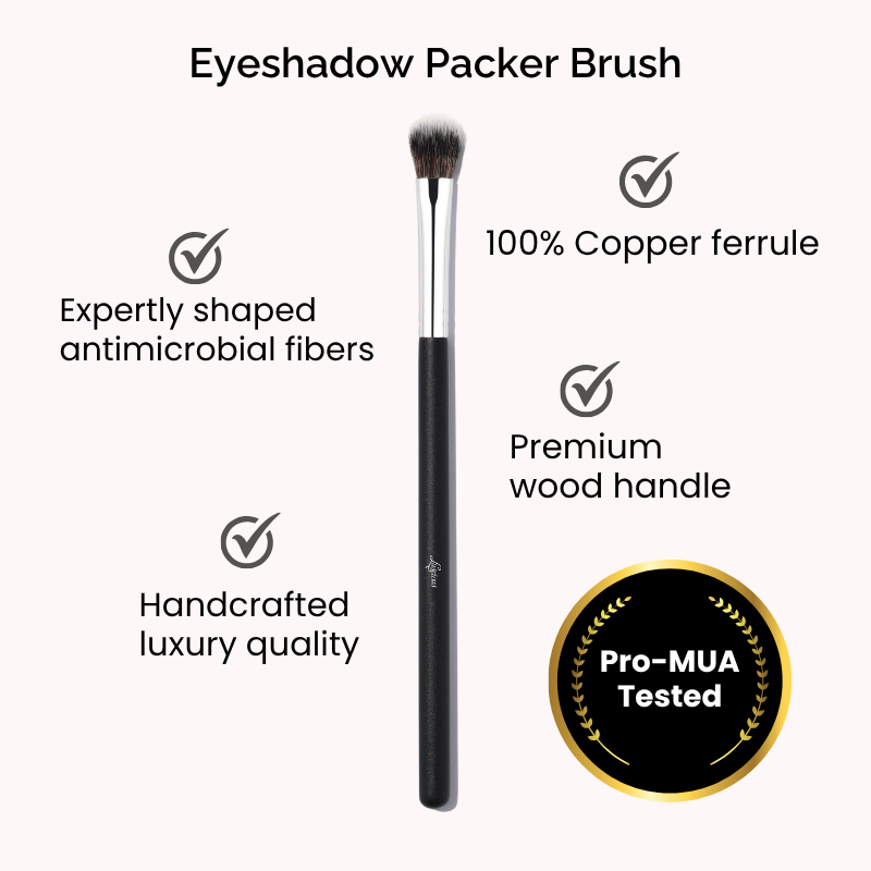 Luscious Cosmetics eyeshadow packer brush displayed on a white background with key features highlighted.