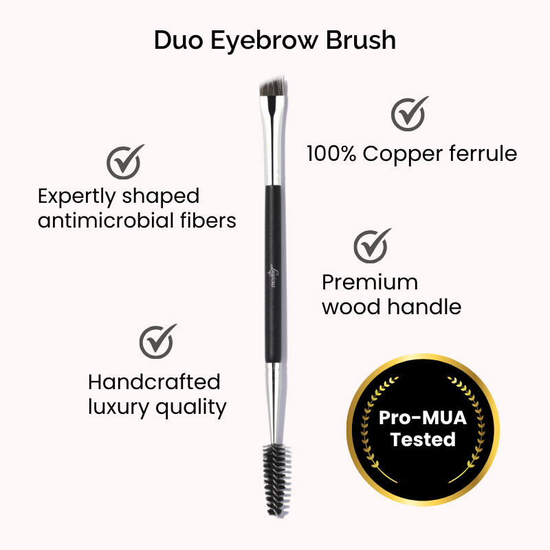 Luscious Cosmetics duo eyebrow brush displayed on a white background with key features highlighted.