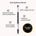 Luscious Cosmetics duo eyebrow brush displayed on a white background with key features highlighted.