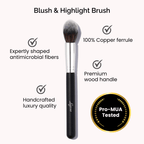 Luscious Cosmetics blush highlight brush displayed on a white background with key features highlighted.