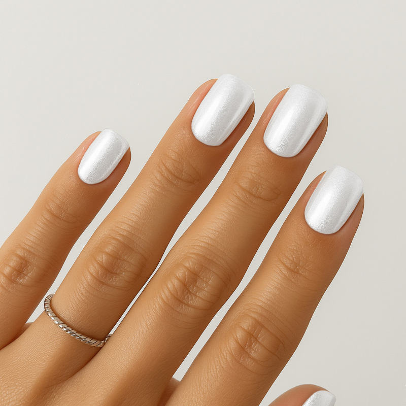 Close-up of a hand wearing Luscious Cosmetics press-on nails in a glossy white finish against a neutral background.