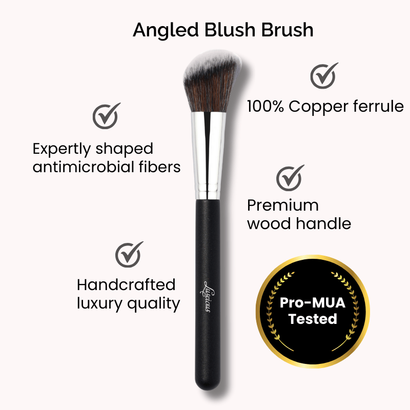Luscious Cosmetics angled blush brush displayed on a white background with key features highlighted.