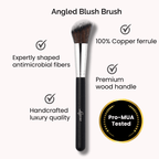 Luscious Cosmetics angled blush brush displayed on a white background with key features highlighted.
