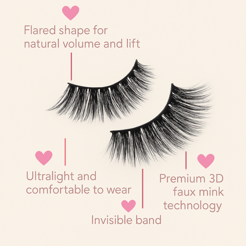 Luscious Cosmetics Natural Flutter false eyelashes highlighting flared shape, ultralight comfort, invisible band, and premium 3D faux mink design.