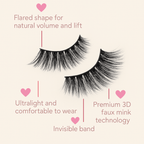 Luscious Cosmetics Natural Flutter false eyelashes highlighting flared shape, ultralight comfort, invisible band, and premium 3D faux mink design.
