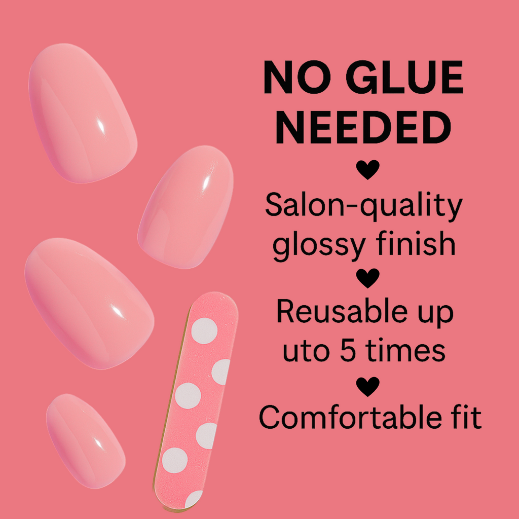Luscious Cosmetics pink nail extensions with a nail file on a pink background, highlighting no-glue application and salon-quality finish.