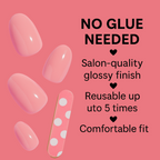 Luscious Cosmetics pink nail extensions with a nail file on a pink background, highlighting no-glue application and salon-quality finish.