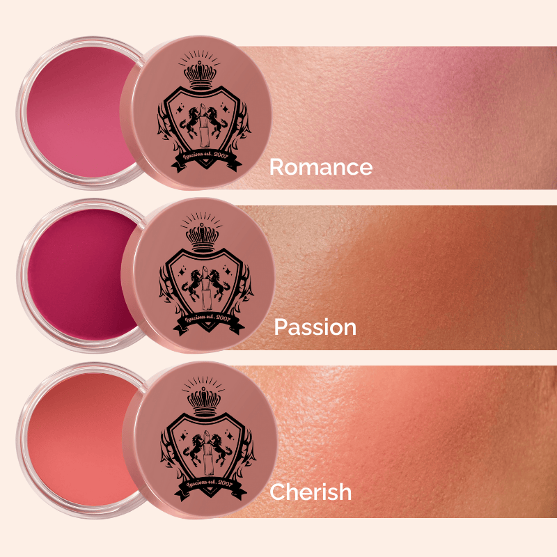 Pink cream blush in a round container with a decorative lid by Luscious Cosmetics on a white background.