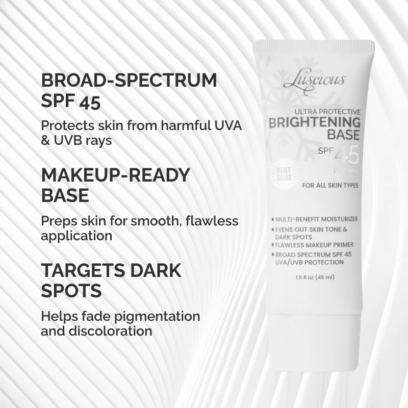 Luscious Cosmetics Brightening Base SPF 45 product tube for glowing skin.