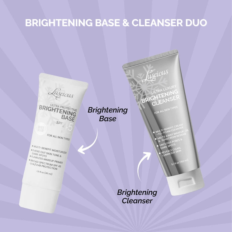 Luscious Cosmetics Brightening Power Deal featuring two skincare products with a gold ribbon on a white background.