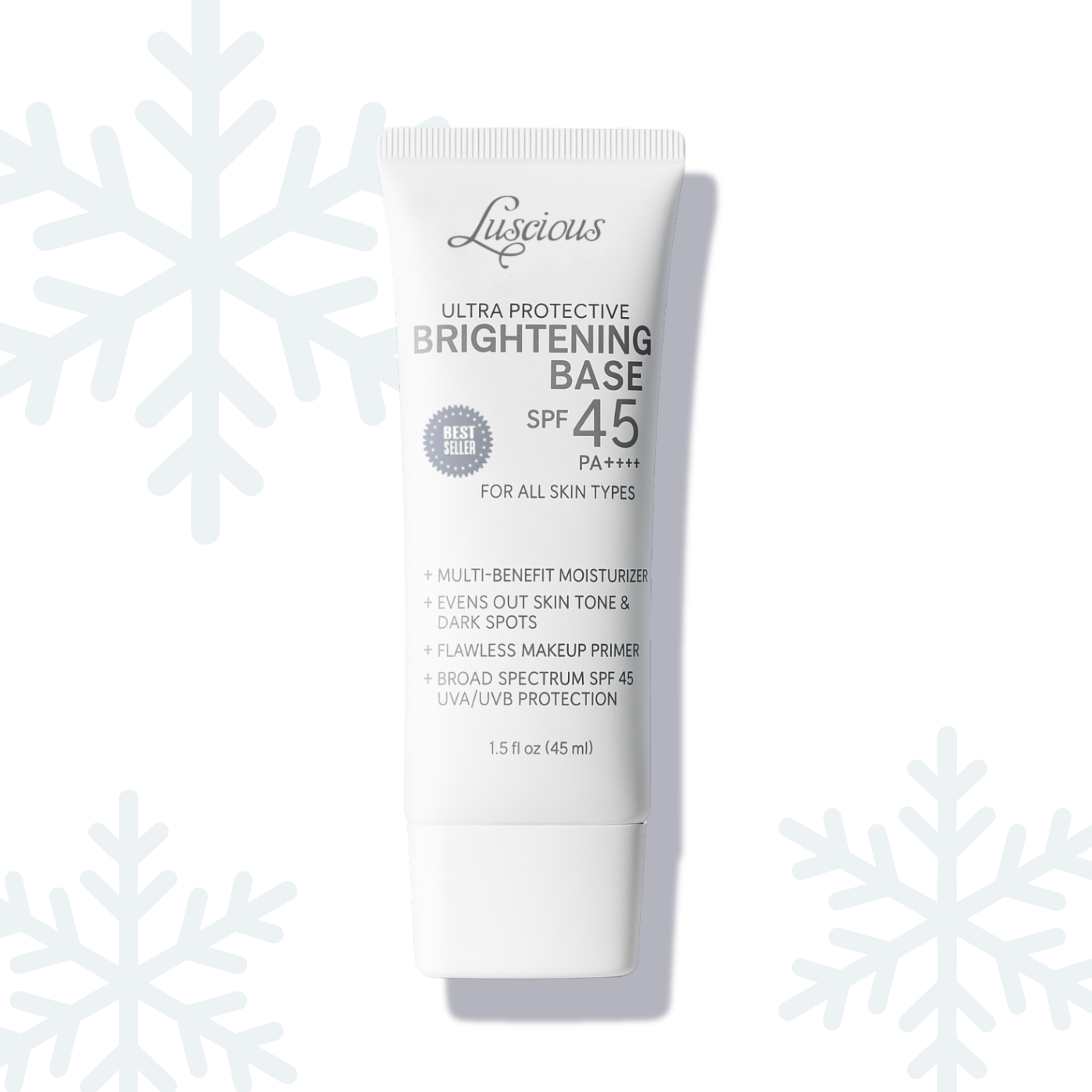 Luscious Cosmetics Ultra Protective Brightening Base SPF 45 tube displayed on a white background with snowflake decorations.