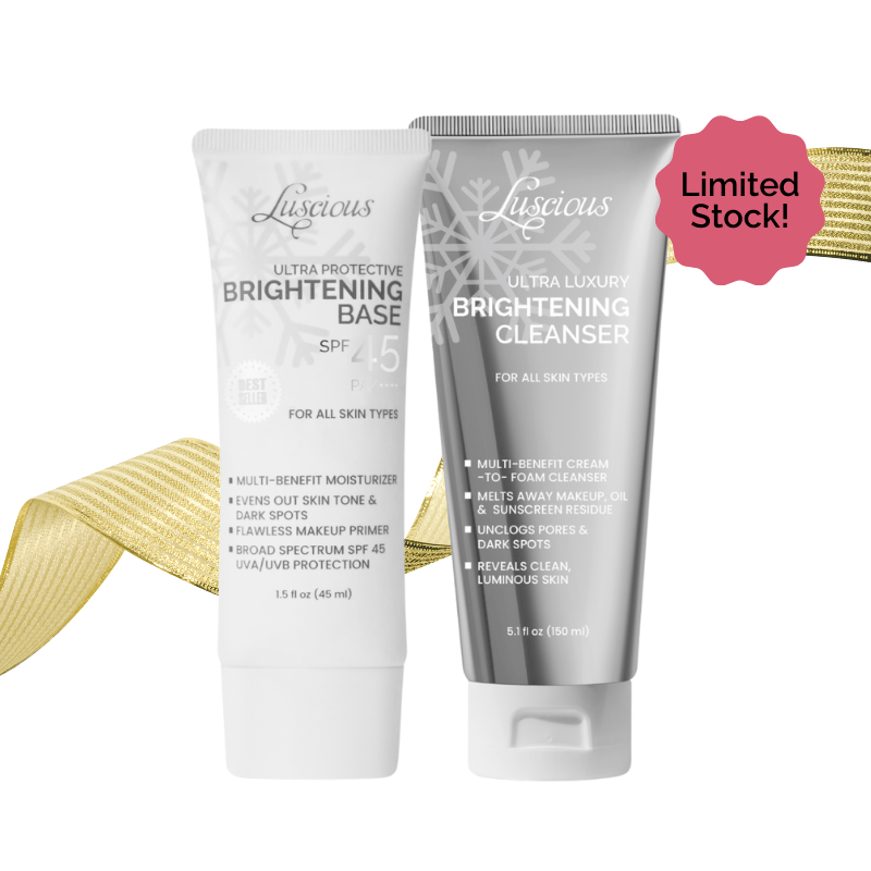 Luscious Cosmetics Brightening Power Deal featuring two skincare products with a gold ribbon on a white background.