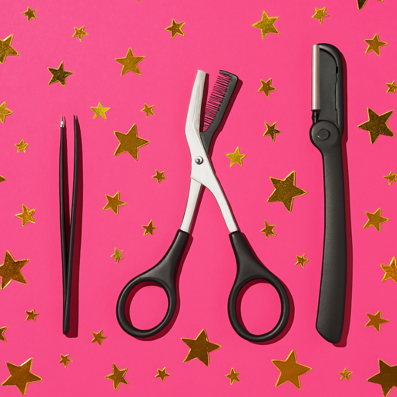 Luscious Cosmetics brow grooming set featuring tweezers, brow scissors with comb, and folding brow razor on a pink background with gold stars.