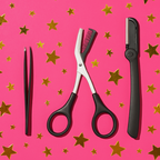 Luscious Cosmetics brow grooming set featuring tweezers, brow scissors with comb, and folding brow razor on a pink background with gold stars.