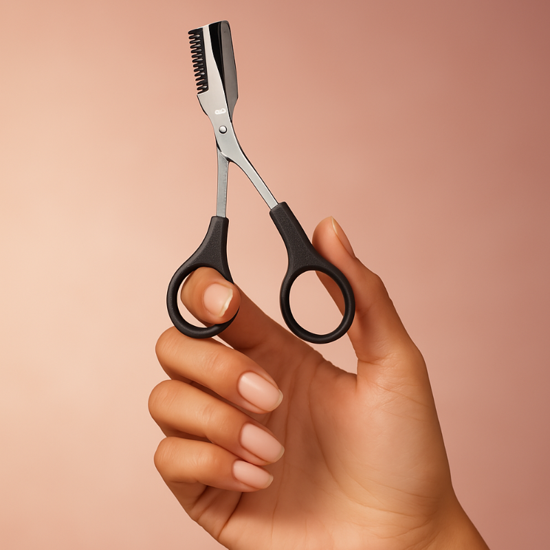 Luscious Cosmetics brow grooming scissors with built-in comb held in hand for precise eyebrow trimming.