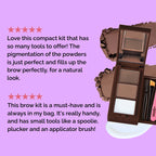 Luscious Cosmetics travel-friendly eyebrow tool kit featuring a mirrored compact with beige, medium brown, and dark brown brow powders, wax strip, tweezers, brushes, and eyebrow stencils.
