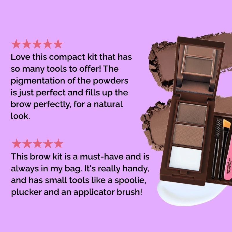Luscious Cosmetics travel-friendly eyebrow tool kit featuring a mirrored compact with beige, medium brown, and dark brown brow powders, wax strip, tweezers, brushes, and eyebrow stencils.