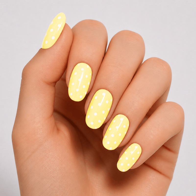 Hand wearing Luscious Cosmetics Butter Yellow short press-on nails in a glossy pastel yellow finish.