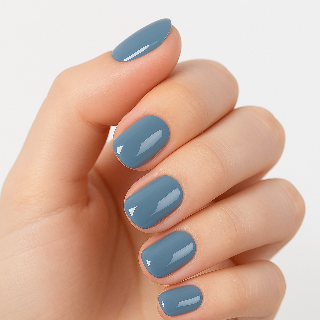 Close-up of a hand wearing Luscious Cosmetics press-on nails in a solid glossy blue color.