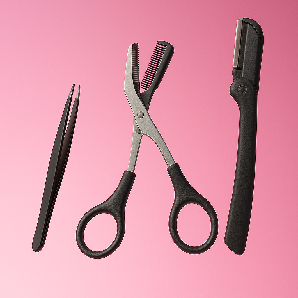 Luscious Cosmetics brow grooming kit featuring slanted tweezers, precision brow scissors, a detail comb, and folding razor on a pink background.