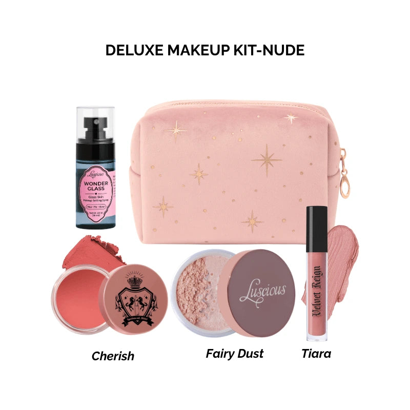 Luscious Cosmetics Deluxe Makeup Kit Nude with pink cosmetic bag, lip products, and powders on a white background.