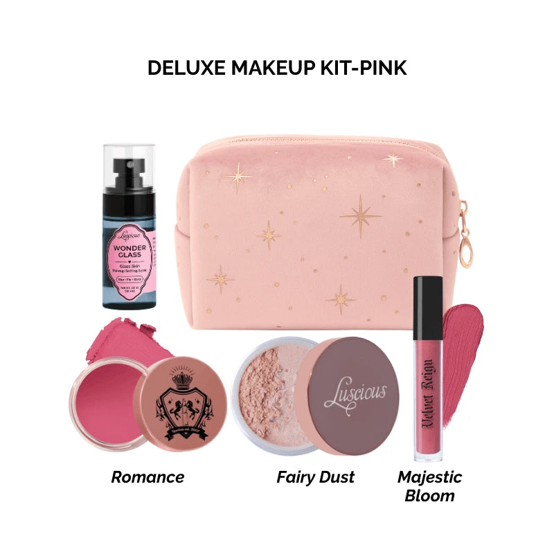 Luscious Cosmetics Deluxe Makeup Kit Pink with pink cosmetic bag and assorted makeup products on a white background.