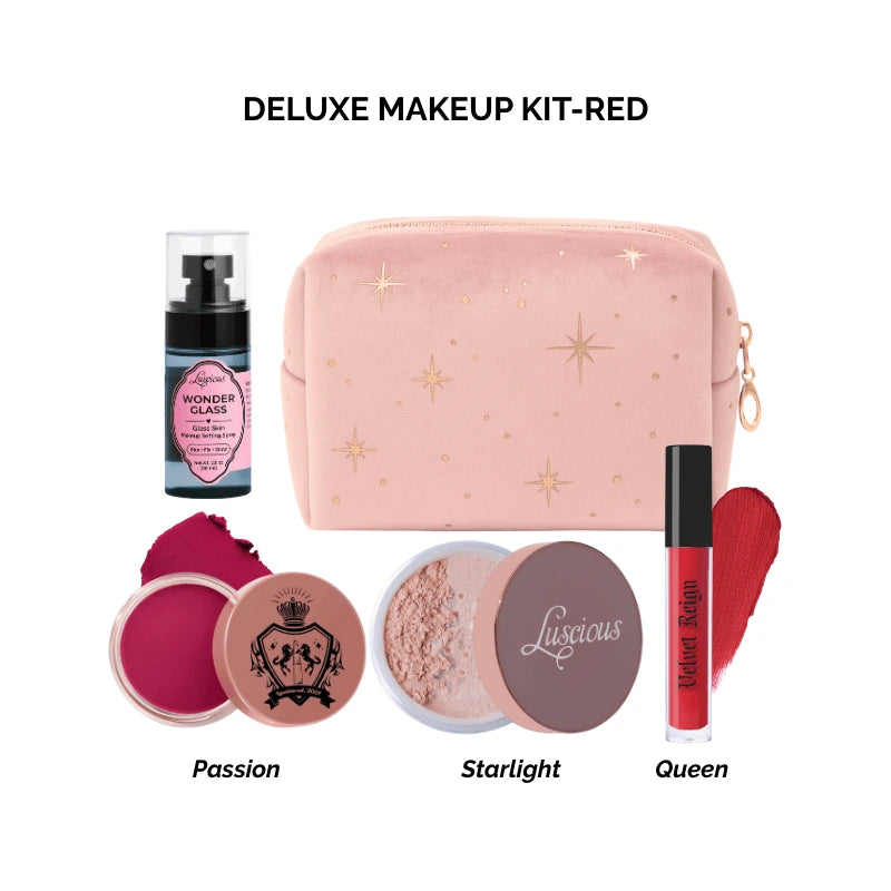 Luscious Cosmetics Deluxe Makeup Kit Red with makeup pouch, lip gloss, blushes, and lip liner on a white background.