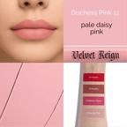 Luscious Cosmetics Velvet Reign Liquid Lipstick in a pink shade with the cap off, showing a lipstick swatch beside the tube.