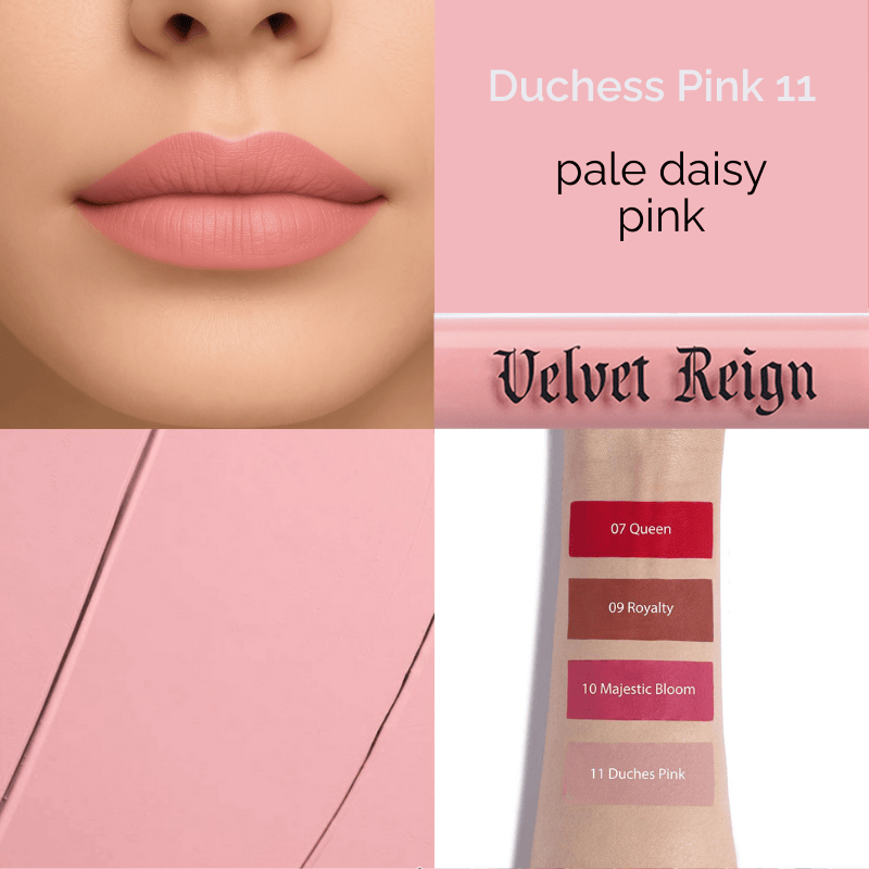 Luscious Cosmetics Velvet Reign Liquid Lipstick in a pink shade with the cap off, showing a lipstick swatch beside the tube.