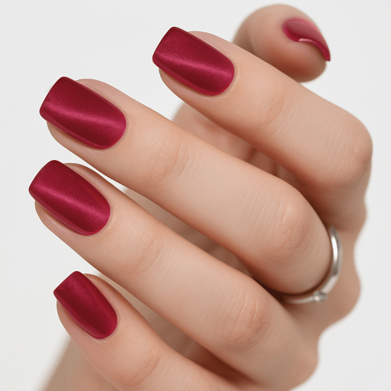 Close-up of a hand wearing Luscious Cosmetics Dutch Roses medium press-on nails in a glossy red finish.