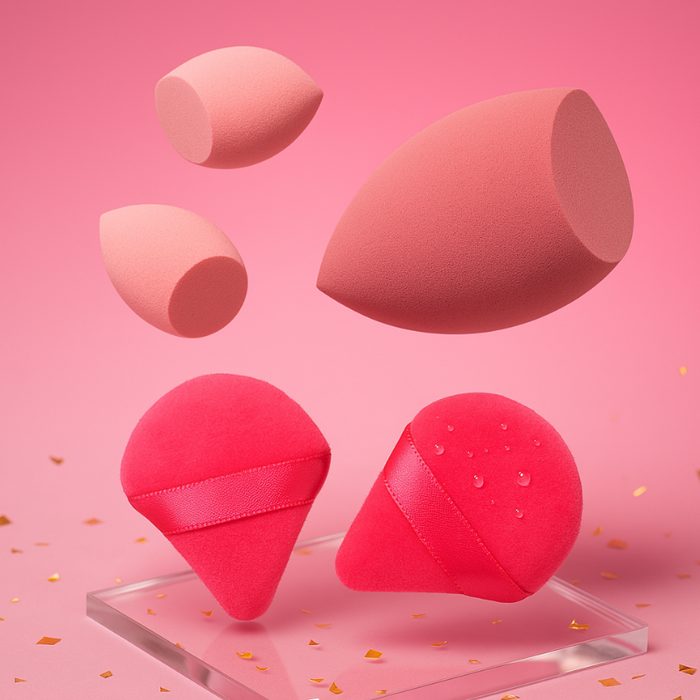 A collection of Luscious Cosmetics makeup sponges in various shapes and colors, including pink and red, displayed on a pink background.