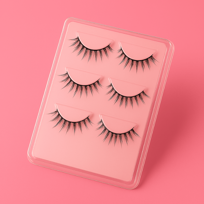 Three pairs of Luscious Cosmetics false eyelashes displayed on a pink foam board, featuring wispy lengths for a soft, wide-eyed look.