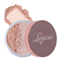 Jar of Luscious Cosmetics highlighter powder with the lid off, revealing a shimmery light pink luminizer.