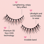 Luscious Cosmetics Fairy Luxe 3D false eyelashes benefits card highlighting wispy length, lightweight comfort, and fairy-like effect.
