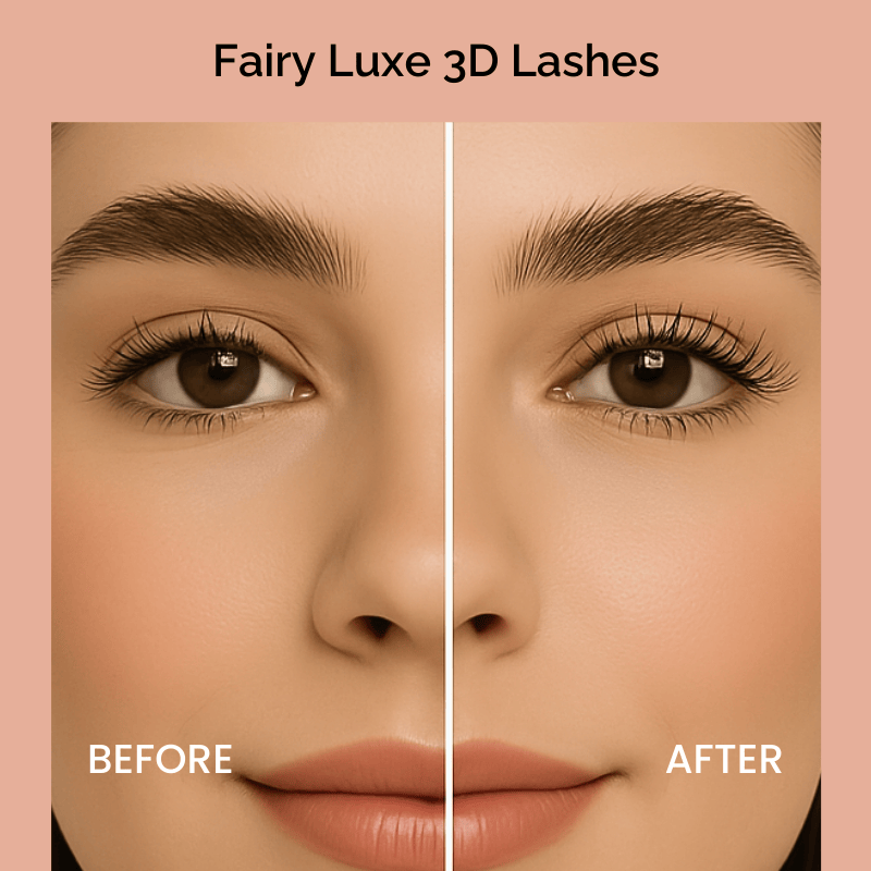 Before and after comparison of Luscious Cosmetics Fairy Luxe 3D false eyelashes applied for a soft, lifted lash look.