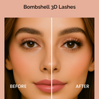 Before and after comparison of Luscious Cosmetics Bombshell 3D lashes applied on a model’s eyes.